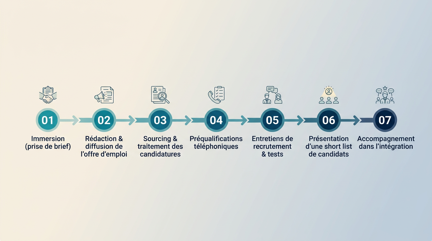 Notre processus en sept étapes reliées enchaînées de 1 à 7 : 01 Immersion (prise de brief) — 02 Rédaction & diffusion de l'offre d'emploi — 03 Sourcing & traitement des candidatures — 04 Préqualifications téléphoniques — 05 Entretiens de recrutement & tests — 06 Présentation d'une short list de candidats — 07 Accompagnement dans l'intégration